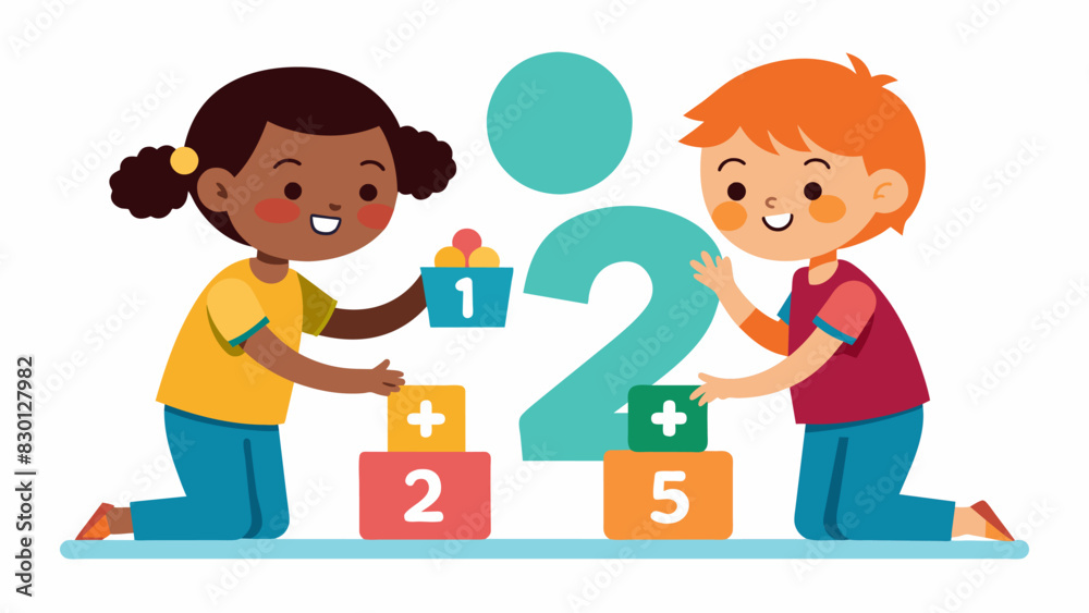 A pair of second graders working together to solve a matching game where they must match the correct number of objects to the corresponding numeral.. Vector illustration A pair of second graders working together to solve a matching game where they must match the correct number of objects to the corresponding numeral.. Vector illustration