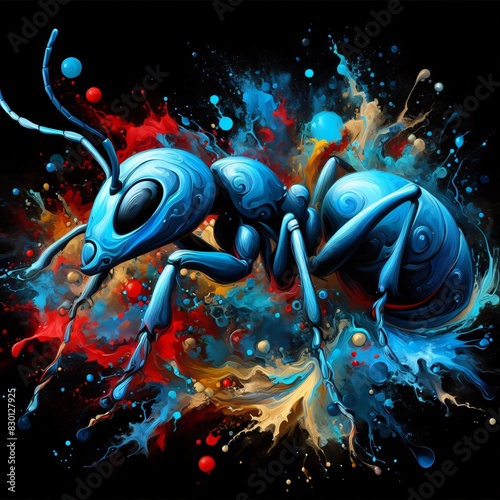 Blaue grosse Ameise auf buntem schwarzen Hintergrund photo