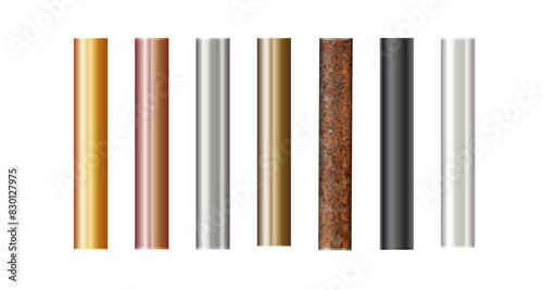 Pipe set isolated on background. Chrome, rusty, steel, golden, copper and iron pipes profile. Cylinder metal tubes. Vector
