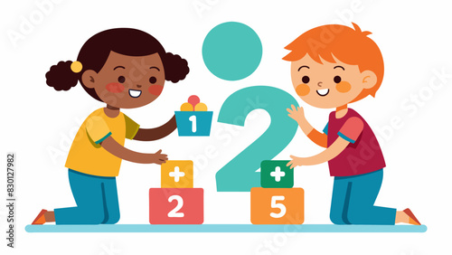 A pair of second graders working together to solve a matching game where they must match the correct number of objects to the corresponding numeral.. Vector illustration