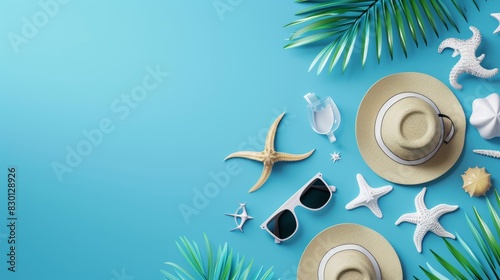 A tropical scene featuring a straw hat, sunglasses, seashells, and plumeria flowers against a vibrant blue background with palm leaves.