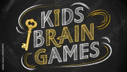 text "Kids brain Games" with golden key on blackboard, text written in elegant script font, with the words kids brain games written below it, book cover design for children's books 