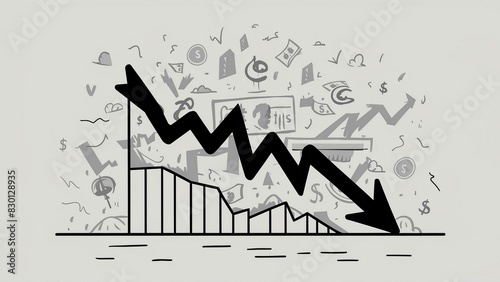 Black and white vector graphic of graph going down, arrow pointing downward with money icons around it on light grey background