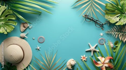 A tropical scene featuring a straw hat, sunglasses, seashells, and plumeria flowers against a vibrant blue background with palm leaves.