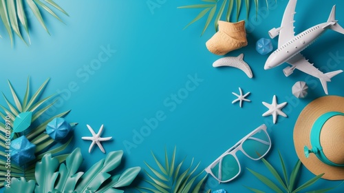 A tropical scene featuring a straw hat, sunglasses, seashells, and plumeria flowers against a vibrant blue background with palm leaves.