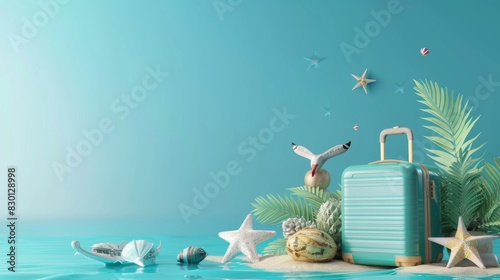 A tropical scene featuring a straw hat, sunglasses, seashells, and plumeria flowers against a vibrant blue background with palm leaves.