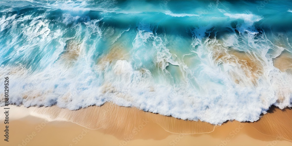 Aerial view of beautiful ocean waves on a sandy beach background. Concept Aerial View, Ocean Waves, Sandy Beach, Beautiful, Nature Aerial view of beautiful ocean waves on a sandy beach background. Concept Aerial View, Ocean Waves, Sandy Beach, Beautiful, Nature