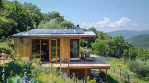 Eco-friendly mountainside tiny house with solar panels and nature views