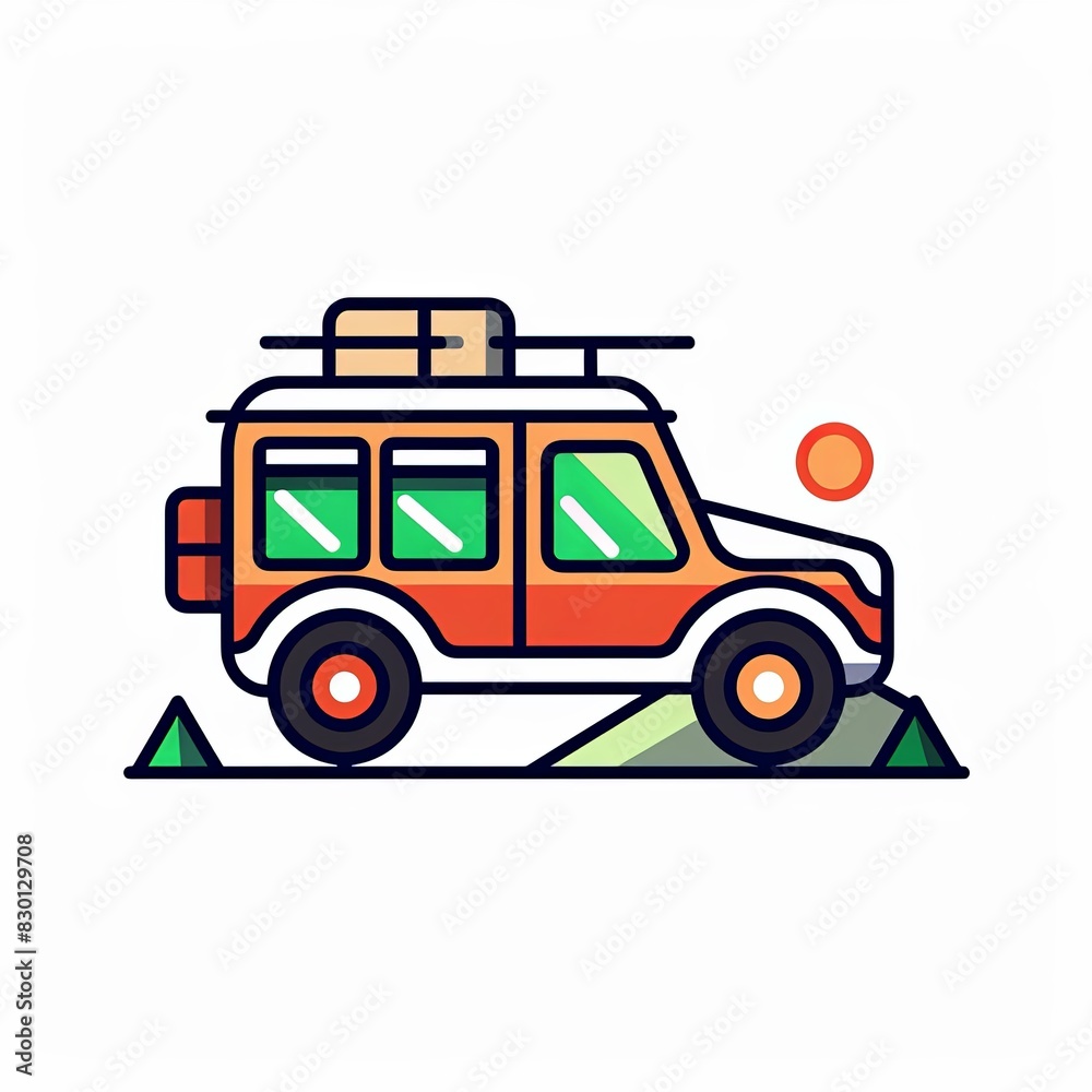 A cartoon drawing of a red jeep with a sun in the background A cartoon drawing of a red jeep with a sun in the background