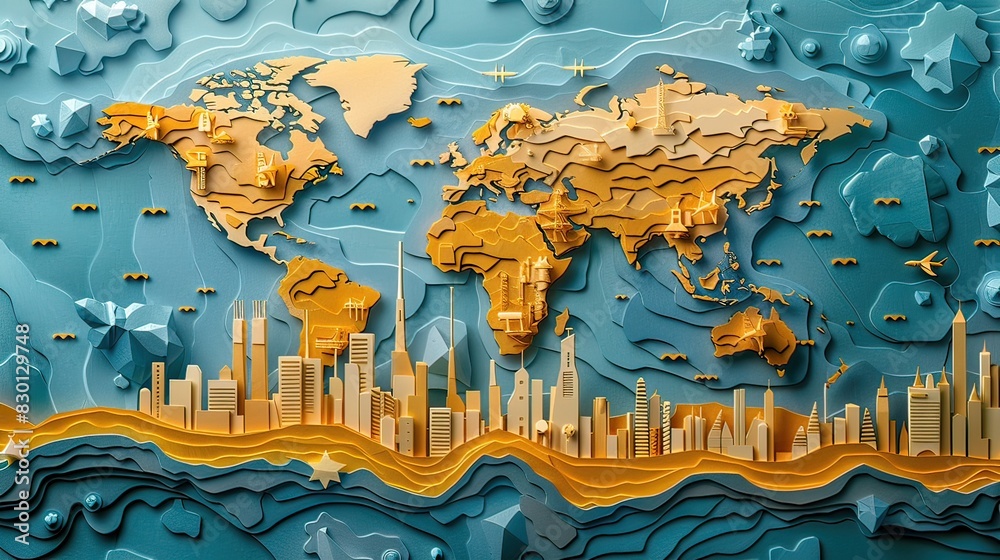 Global crude oil reserves, paper-cut style, infographic format, neutral colors, flat design with world map and oil reserve icons