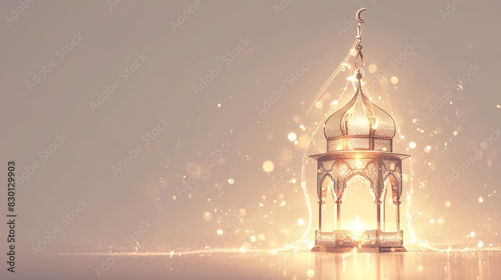 Fototapeta premium A beautifully ornate lantern with intricate patterns, hanging and glowing softly against a serene background. 
