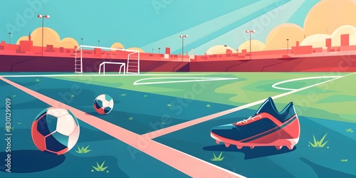 Colorful Flat Design Soccer Stadium with Balls and Shoes on the Field