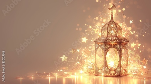 A beautifully ornate lantern with intricate patterns, hanging and glowing softly against a serene background. © Lem