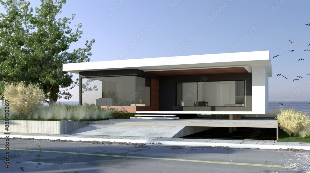 Minimalist small house plan with clean lines and a coastal backdrop Minimalist small house plan with clean lines and a coastal backdrop