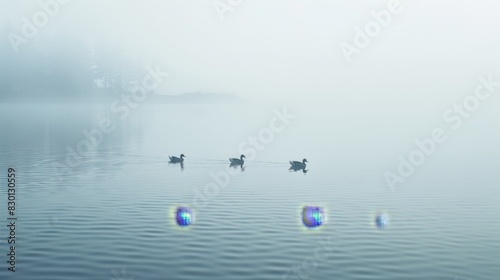 Ducks swimming in a serene lake at sunset