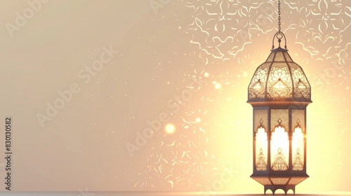 A decorative, ornate lantern with intricate patterns hanging against a soft, warm background. The lantern is illuminated, casting a gentle glow.