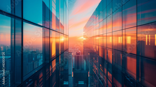Abstract business background with city skyline and modern glass buildings at sunset, futuristic urban landscape. High resolution photography, empty space for text