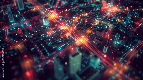 Wallpaper Mural Night view of a bustling city illuminated with GPS markers and data visualizations, illustrating the advancement of city information systems and innovative tech solutions. Torontodigital.ca