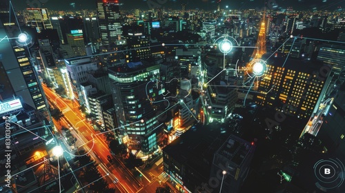 Night view of a bustling city illuminated with GPS markers and data visualizations, illustrating the advancement of city information systems and innovative tech solutions.