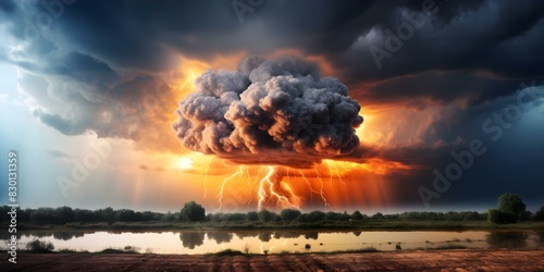 Nuclear explosion with shock wave against stormy sky and nuclear fungus backdrop. Concept Nuclear Explosion, Shock Wave, Stormy Sky, Nuclear Fungus, Disaster Scene photo