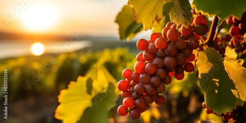 Grapes growing under the setting sun in a picturesque vineyard landscape. Concept Vineyard Landscape, Sunset Glow, Grape Harvest, Natural Beauty, Rural Agriculture