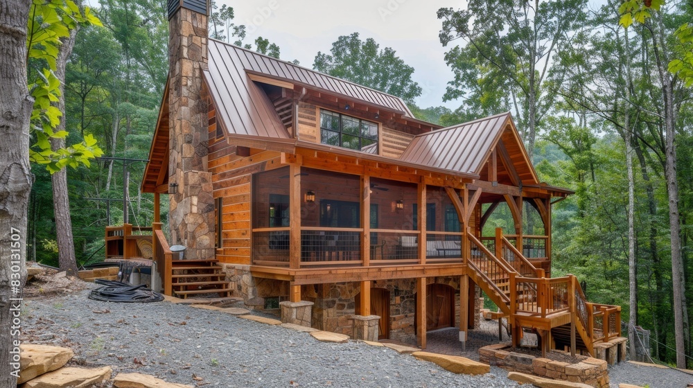 Naklejka premium Rustic mountain cabin plan featuring a loft and expansive deck