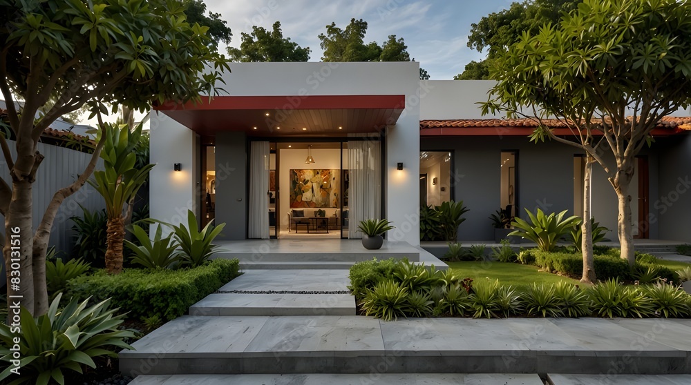 The façade of a stunning home features a front garden full of lush tropical plants, red tile roofing, and gray walls with white accents.