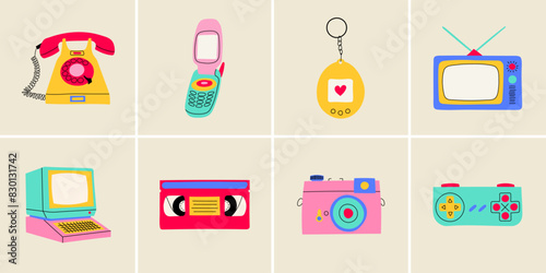 Classic 80s 90s elements in flat line style. Hand drawn vector illustration: telephone, flip mobile phone, tamagotchi, TV, computer, video cassette, camera, game controller. 
 photo