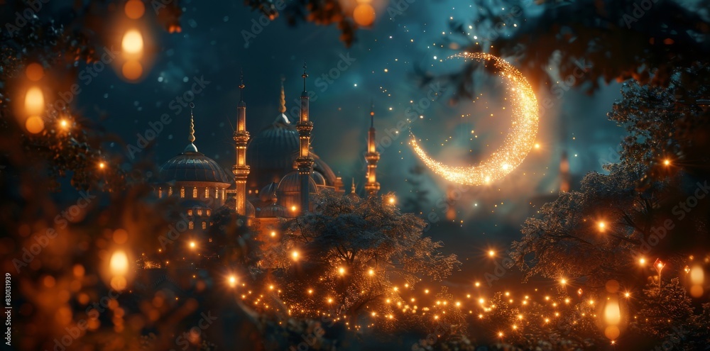 Luminous crescent moon with hanging lanterns in a beautifully lit tree. Luminous crescent moon with hanging lanterns in a beautifully lit tree.