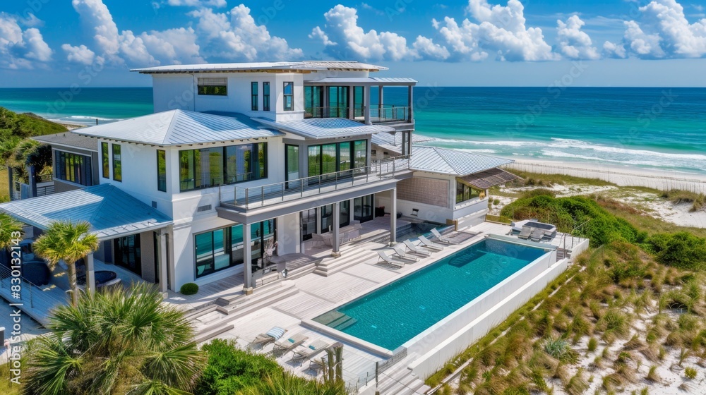 Fototapeta premium Seaside retreat plan with modern amenities and direct beach access