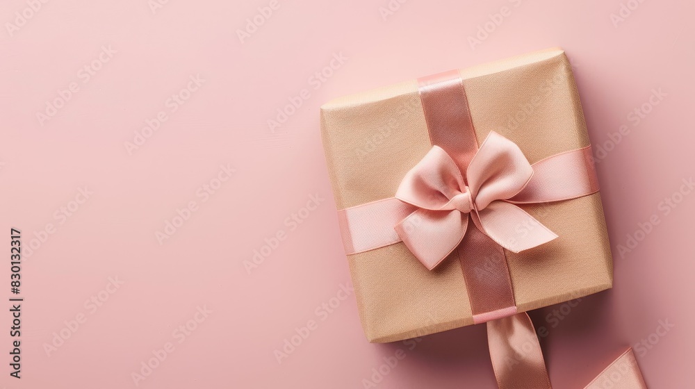 A beautifully wrapped gift box with a satin ribbon, positioned at the golden ratio point in front of a soft pastel pink background A beautifully wrapped gift box with a satin ribbon, positioned at the golden ratio point in front of a soft pastel pink background
