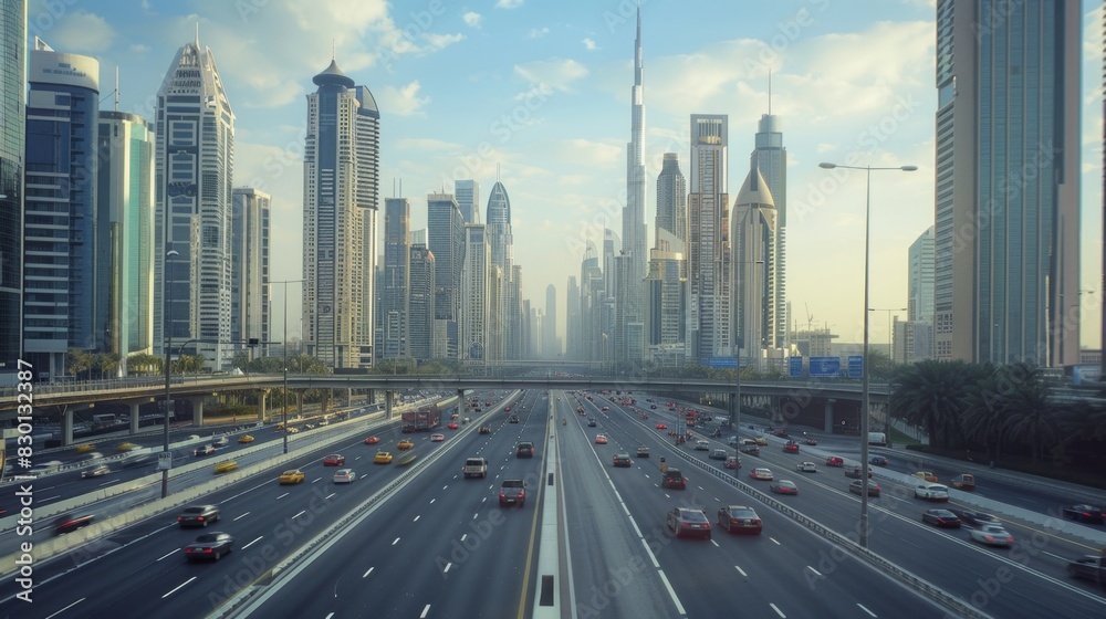 Fototapeta premium Skyline Symphony: Illustrate the harmonious blend of traffic patterns and modern cityscapes, evoking a sense of metropolitan rhythm.