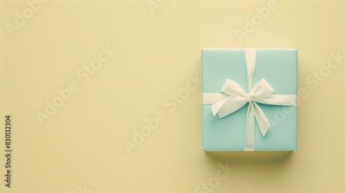 A pastel blue gift box with a white bow, perfectly aligned according to the golden ratio on a light pastel yellow background