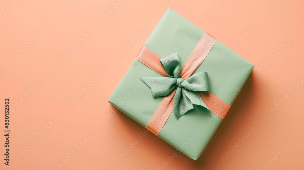 A charming gift box wrapped in pastel green paper, strategically placed on a soft pastel peach background, highlighting the golden ratio A charming gift box wrapped in pastel green paper, strategically placed on a soft pastel peach background, highlighting the golden ratio