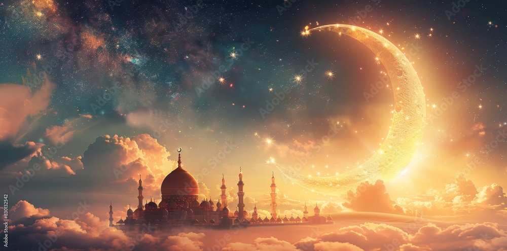 Eid al-Adha Festival Banner Design, A holographic crescent moon and golden mosque, surrounded by glowing constellations and stardust