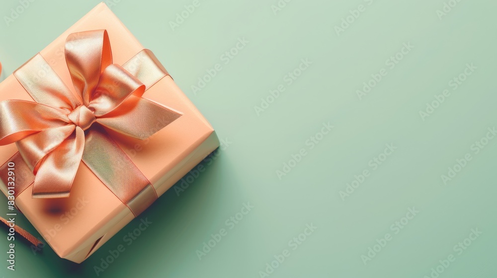 A beautifully wrapped gift box in pastel peach, featuring a decorative bow, positioned on a pastel green background using the golden ratio A beautifully wrapped gift box in pastel peach, featuring a decorative bow, positioned on a pastel green background using the golden ratio