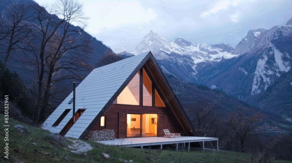 Small alpine house design with an A-frame structure and mountain landscape