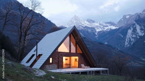 Small alpine house design with an A-frame structure and mountain landscape
