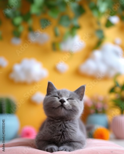 A cute gray kitten smiling against a background of a cozy room with clouds. Ideal for advertising pet supplies, including food, toys, and veterinary care.