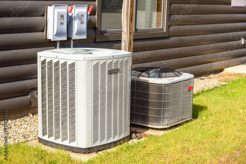Heating and air conditioning system external units on grass in a house backyard