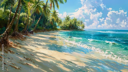 Tropical beach bathed in glowing sunlight  pristine waters  lush palm trees  and soft sand  exuding summer s radiant embrace