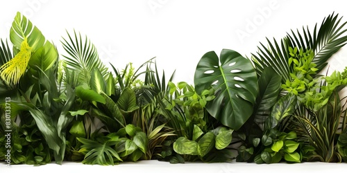 Various types of green plants in a natural setting with a white background  featuring palm and pine trees. Concept Greenery  Landscape Photography  Botanical Collection  Tropical Vibes