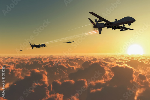 Armed military combat drones flying above clouds against sunset. UAV Strategic reconnaissance. photo