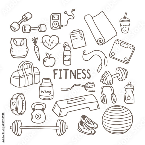 FITNES EQUIPMENT HAND DRAWN DOODLES VECTOR