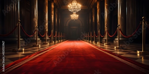 Red carpet against white backdrop elegant contrast. Concept Elegant Contrast, Red Carpet, White Backdrop, Glamorous Photoshoot, photo
