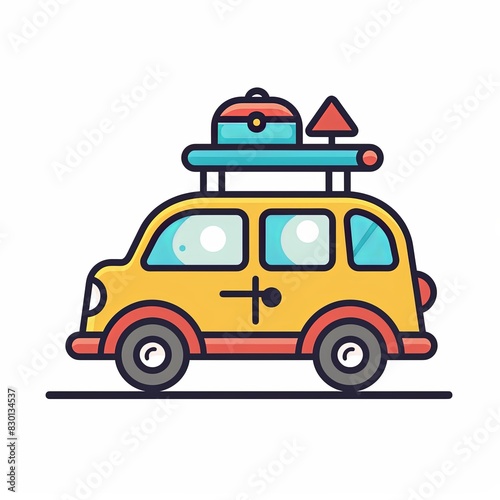 A yellow car with a red and blue luggage rack on top