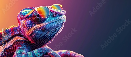colorful chameleon wearing sunglasses photo