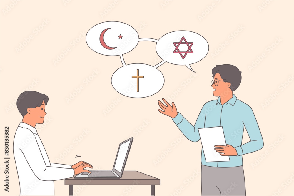 Man receives religious education from theology teacher, sitting at desk with laptop Man receives religious education from theology teacher, sitting at desk with laptop