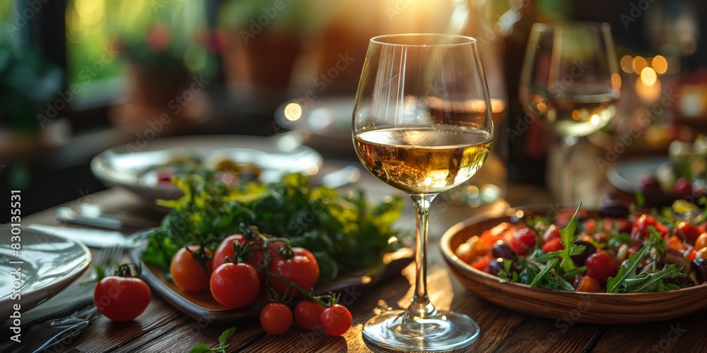 luxury healthy meal, wine glasses on table with fresh vegetable, farm to table dinning 
