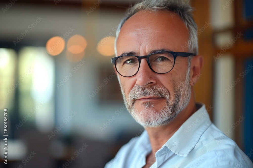 Fototapeta premium Mature curriculum developer, confident, professional, digital SLR, standard zoom, daytime, office portrait, digital, high realism, soft light. , background blur